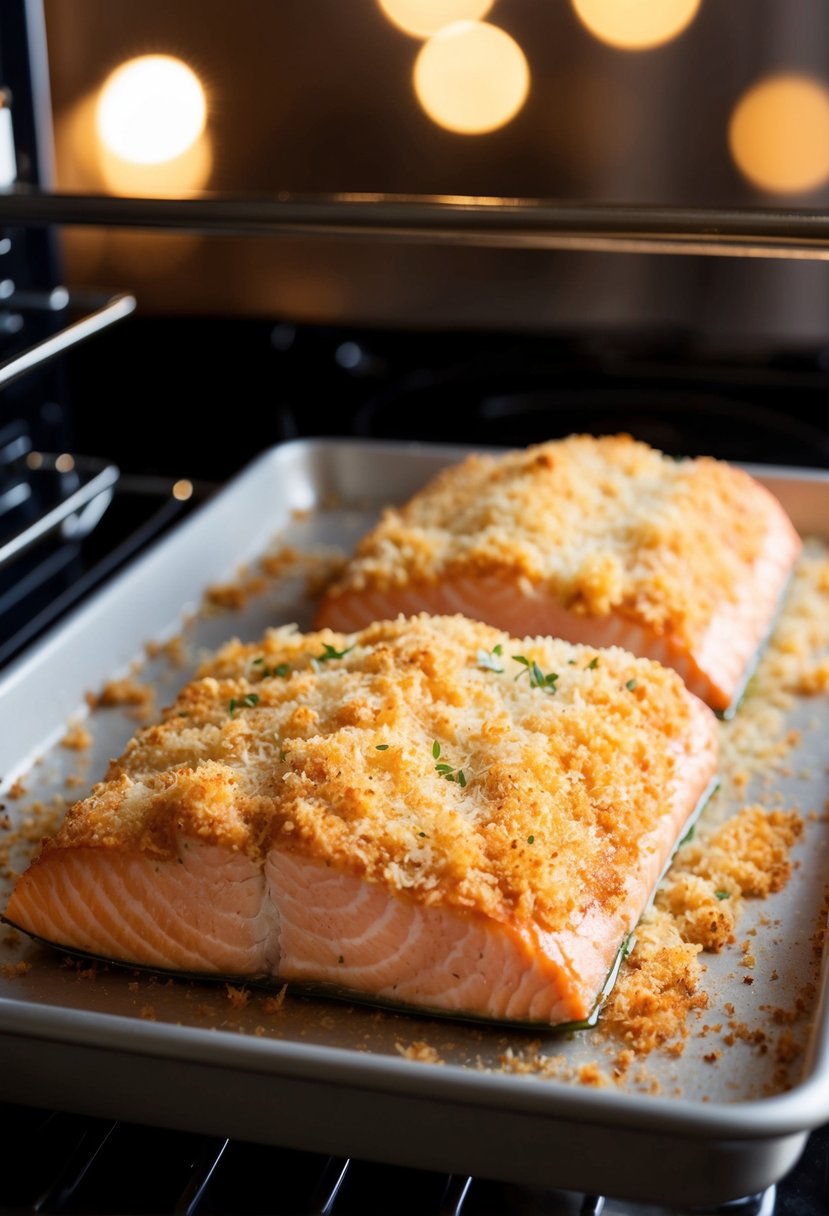 A golden-brown salmon fillet, coated in a crispy garlic parmesan crust, baking in the oven