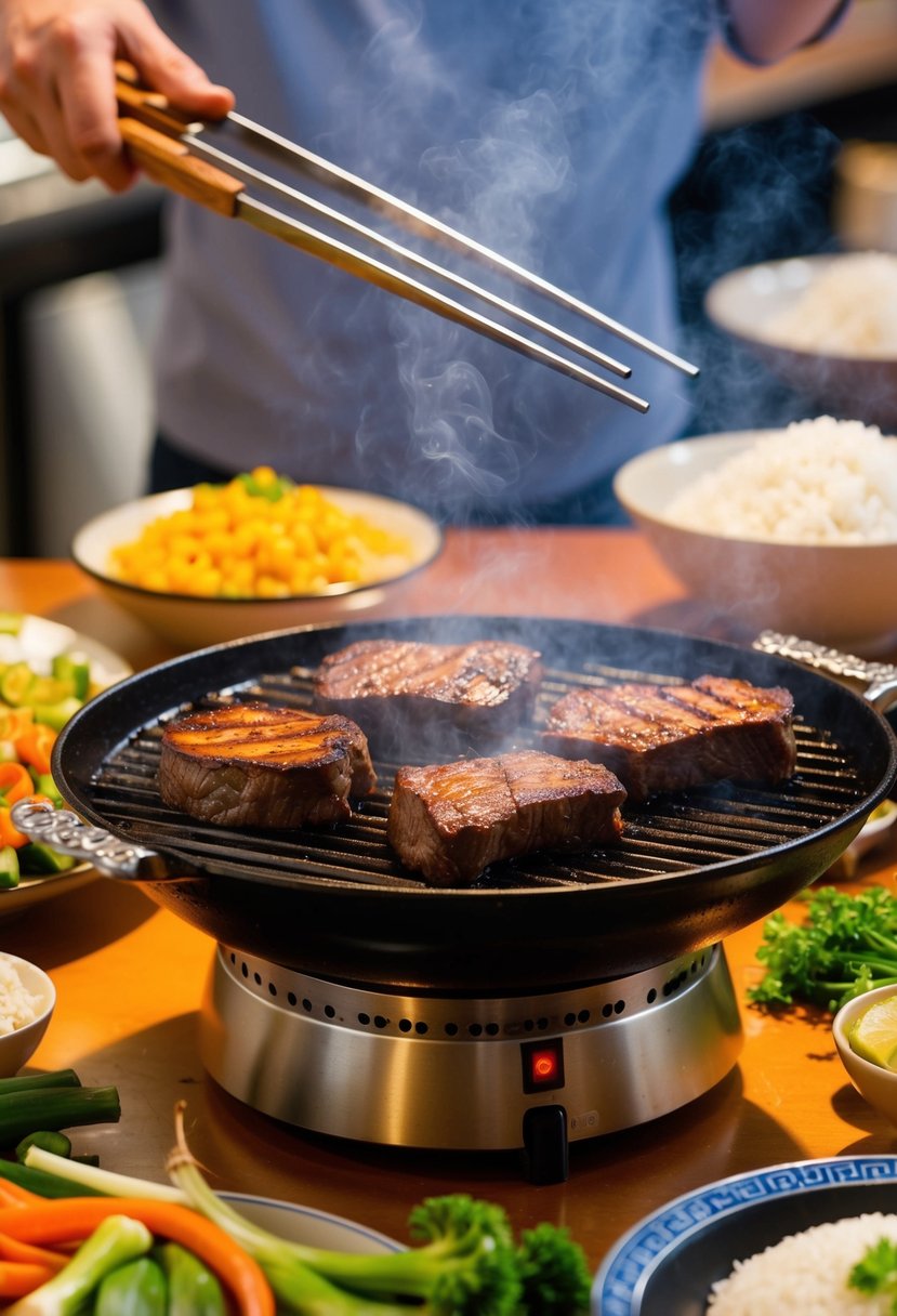 A sizzling hibachi grill cooks teriyaki beef, surrounded by colorful vegetables and steaming rice