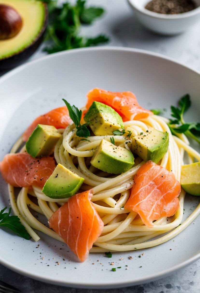 A plate of creamy pasta with chunks of ripe avocado and slices of smoked salmon, garnished with fresh herbs and a sprinkle of black pepper