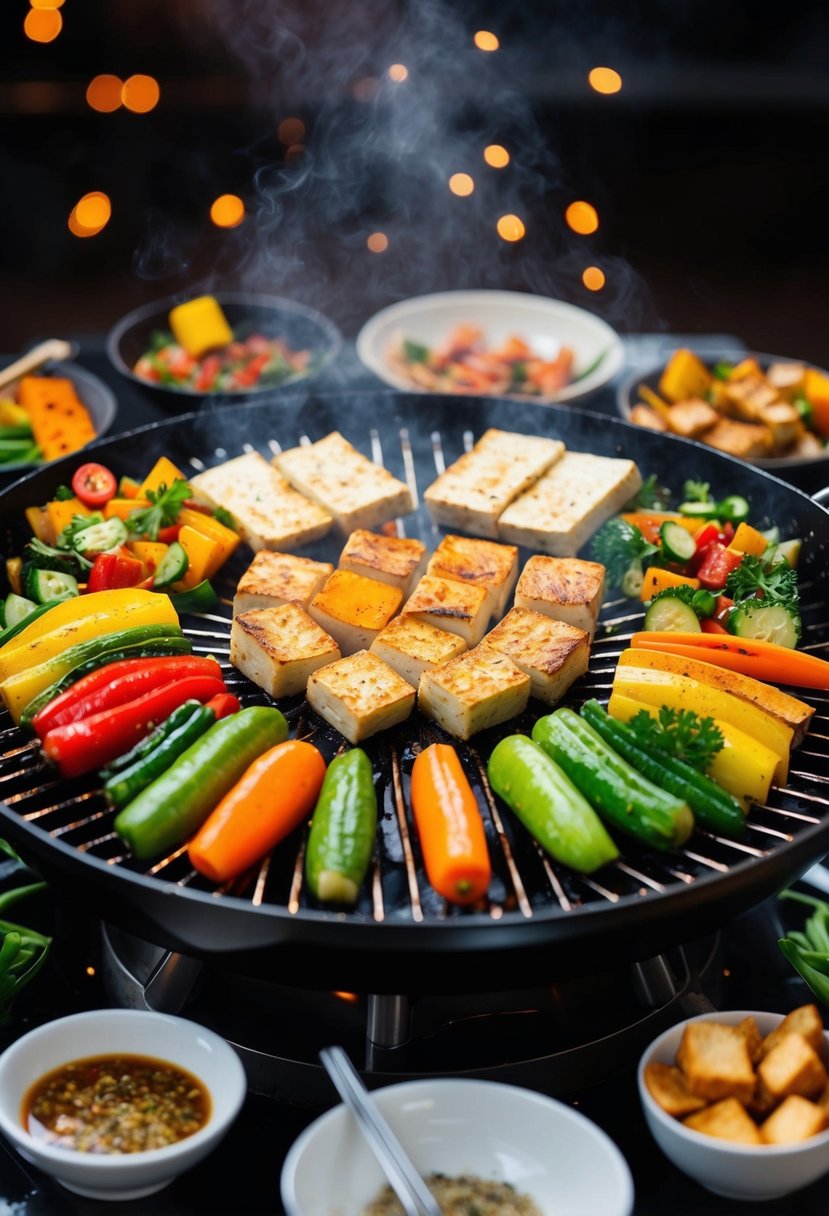 A sizzling hibachi grill with an array of colorful vegetables and tofu cooking, surrounded by the aroma of savory seasonings and spices