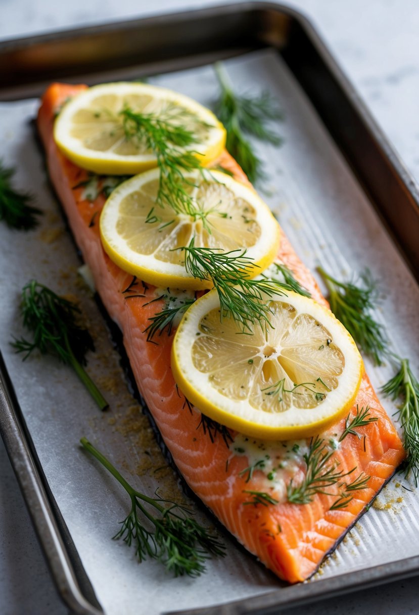 A salmon fillet covered in lemon and dill, baking in the oven on a tray