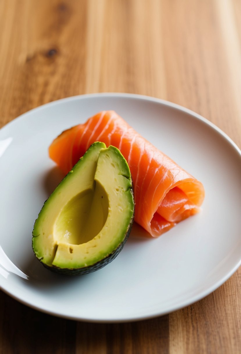 Slices of smoked salmon and avocado rolled together on a clean white plate