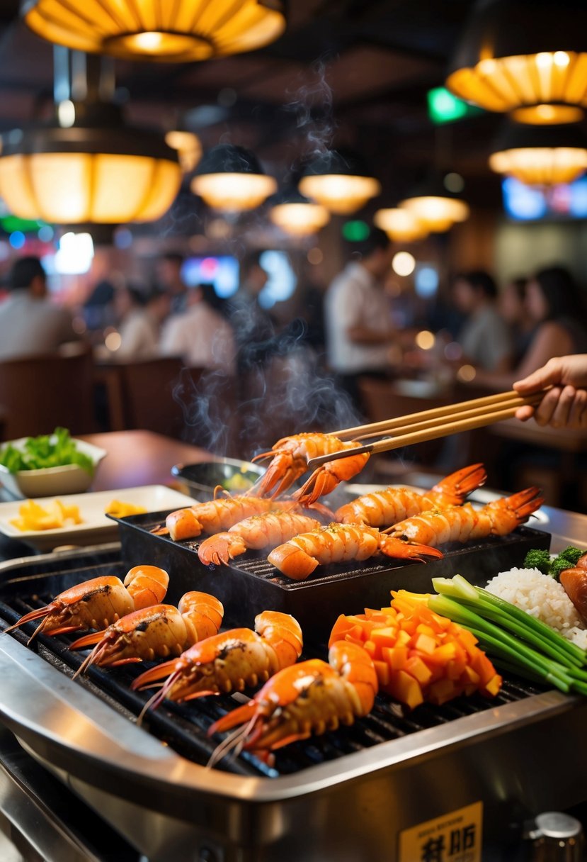 A sizzling hibachi grill with lobster tails, vegetables, and rice cooking, surrounded by a lively and bustling restaurant atmosphere