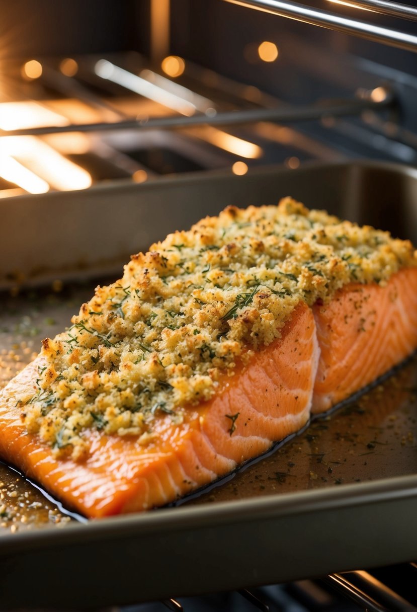 A golden-brown salmon fillet, coated in a savory herb crust, baking in the oven