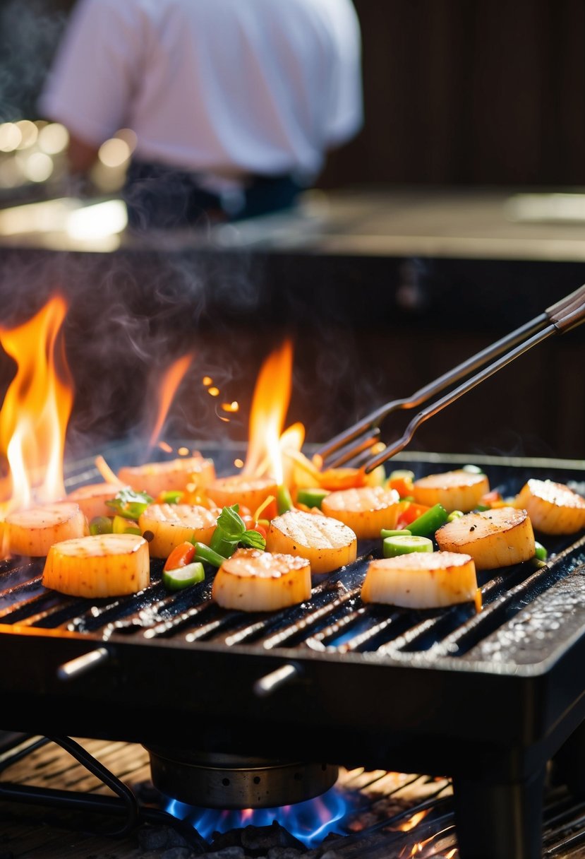 A sizzling hibachi grill with scallops, vegetables, and seasonings cooking over an open flame