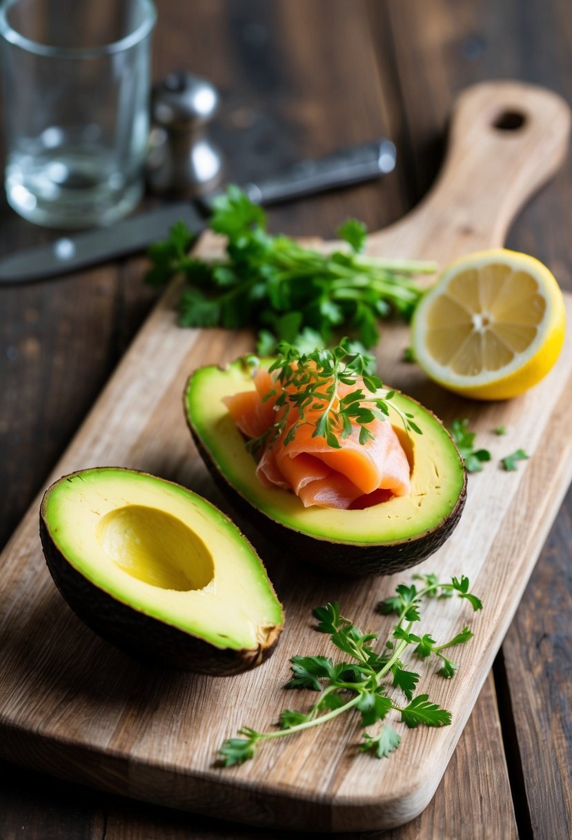 A rustic wooden cutting board with a halved avocado filled with smoked salmon, garnished with fresh herbs and a squeeze of lemon