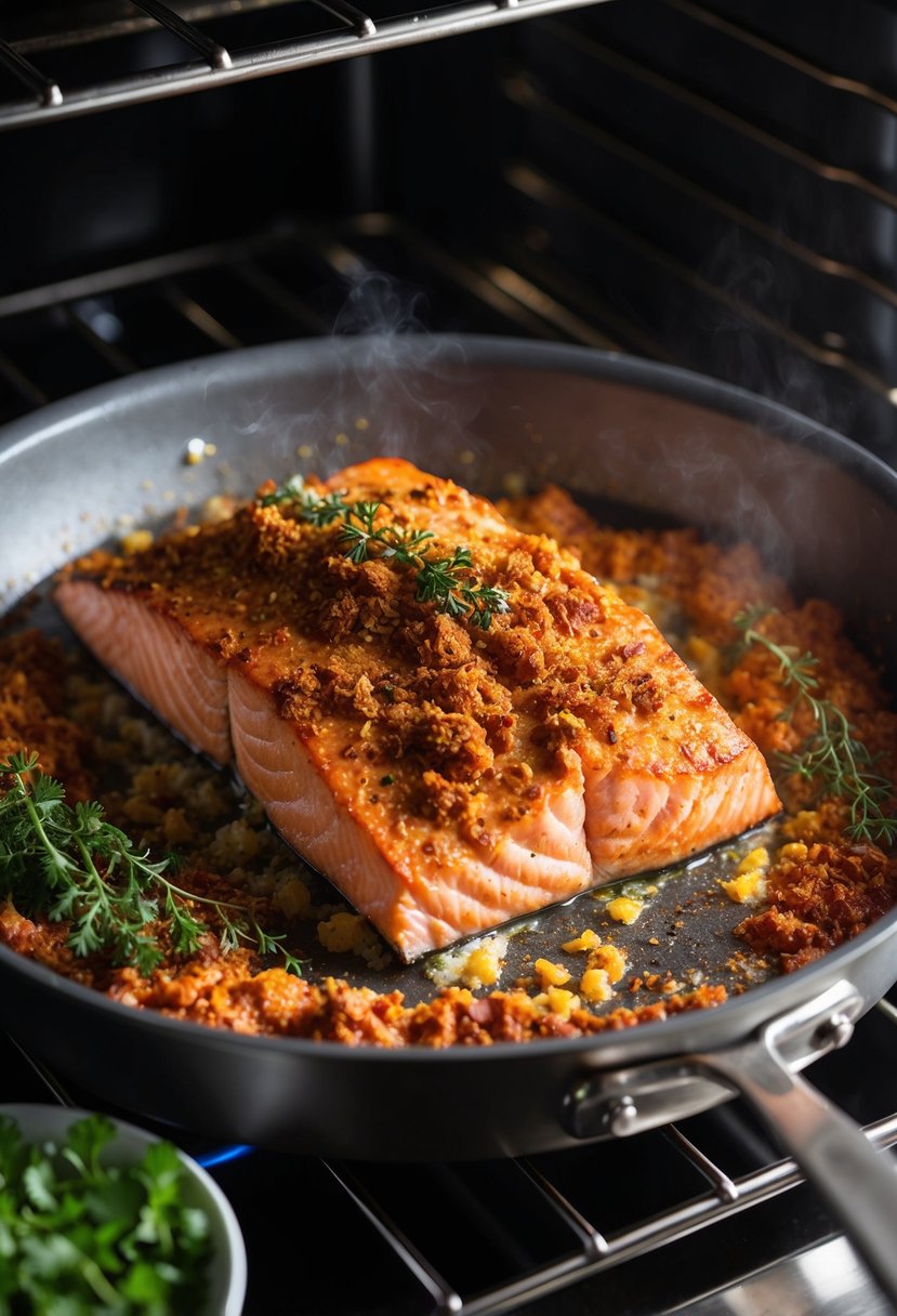 A sizzling Cajun-spiced salmon fillet bakes in the oven, surrounded by colorful herbs and spices