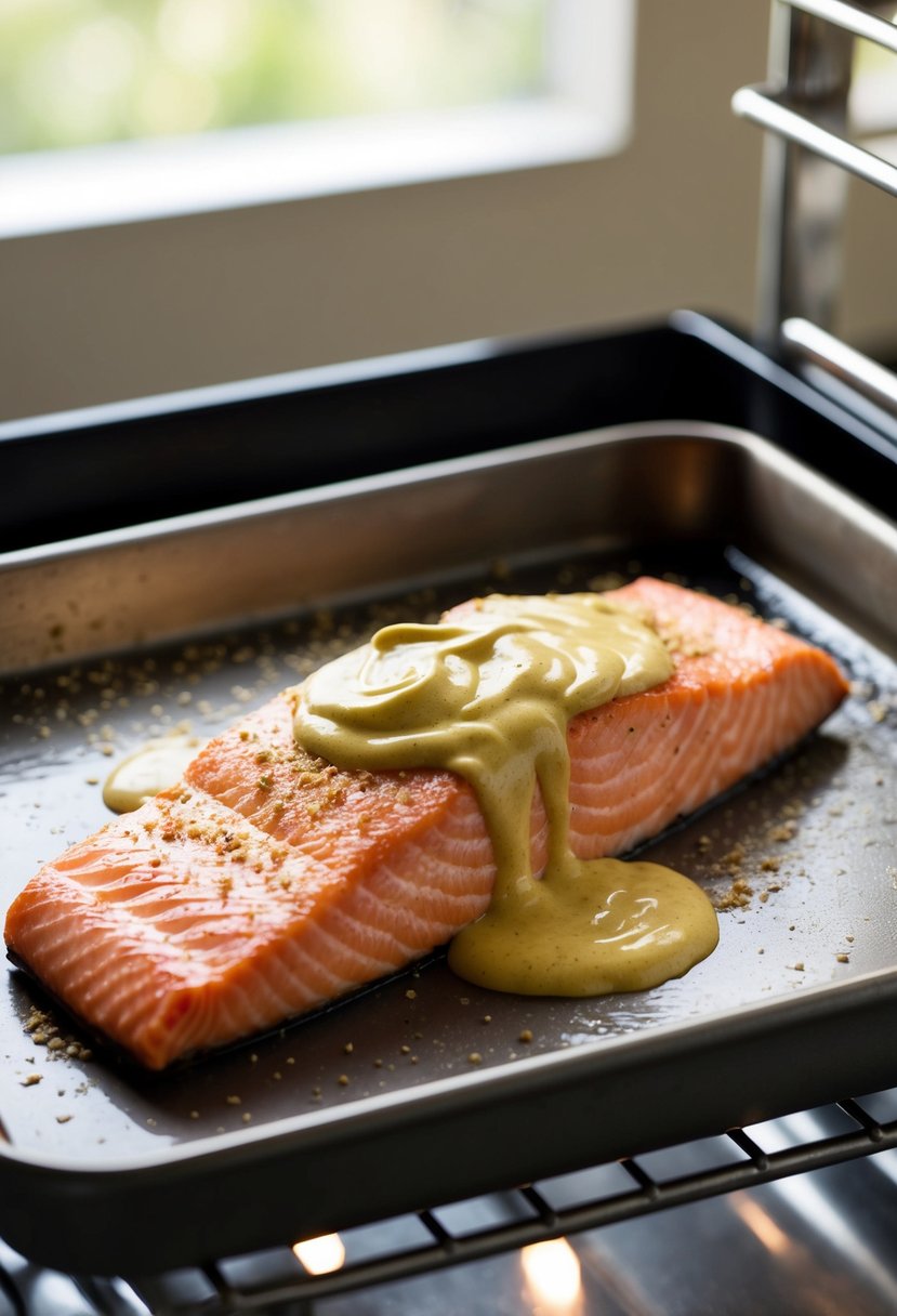 A salmon fillet is coated in a creamy Dijon mustard mixture and placed on a baking sheet in the oven