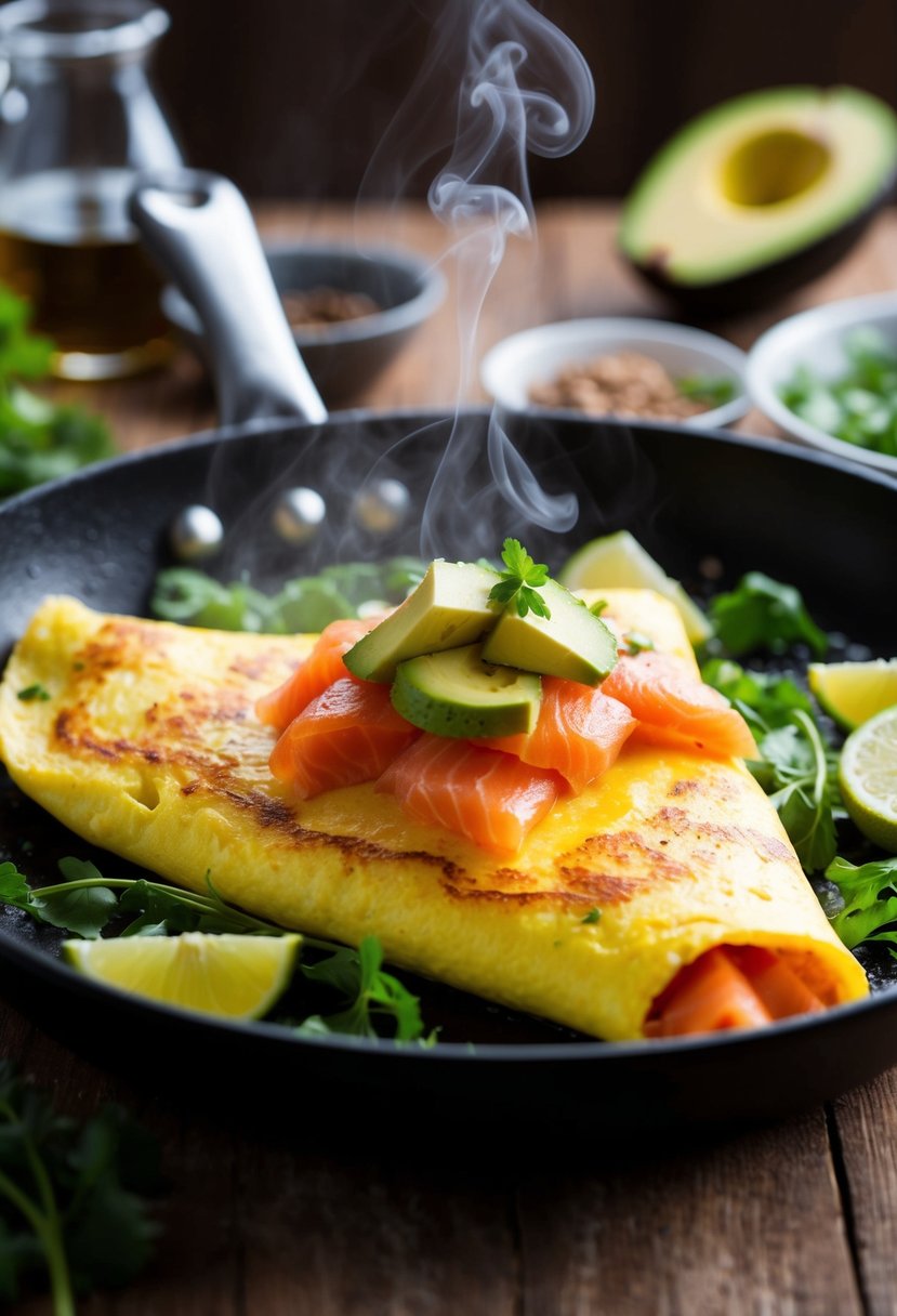 A sizzling omelette filled with smoked salmon and creamy avocado, surrounded by fresh ingredients and a hint of steam rising from the dish