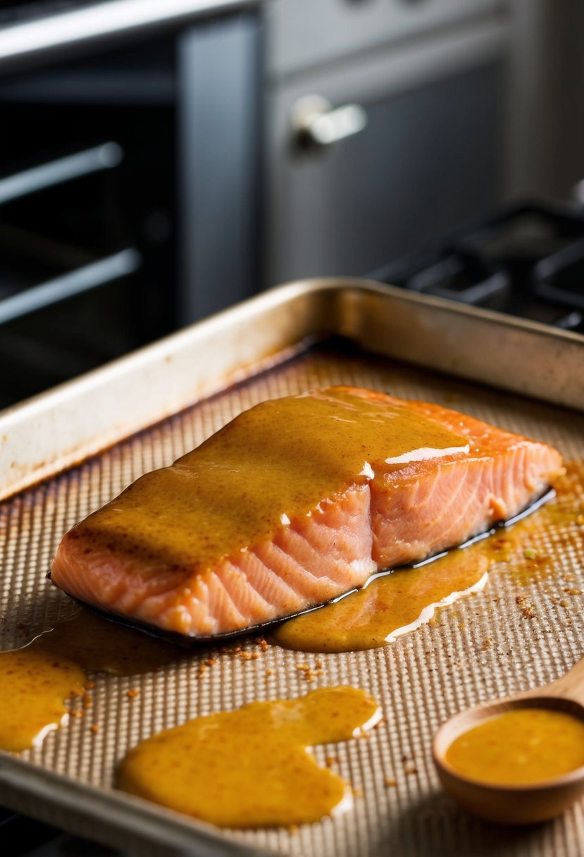 A salmon fillet coated in maple mustard glaze sits on a baking sheet, ready to be baked in the oven