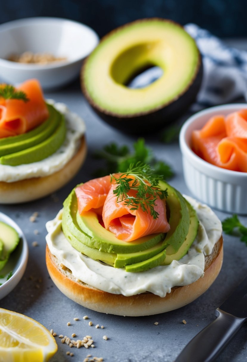 A bagel topped with creamy avocado, smoked salmon, and cream cheese, surrounded by fresh ingredients and a knife