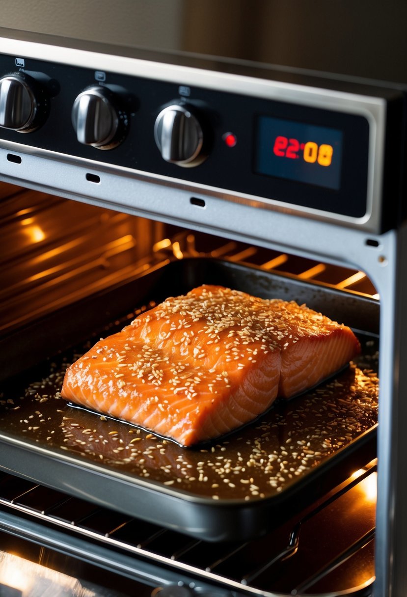 A succulent salmon fillet coated in sesame ginger glaze, baking in the oven