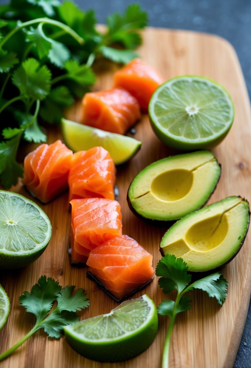 A wooden cutting board with diced smoked salmon and avocado, surrounded by vibrant lime wedges and fresh cilantro leaves