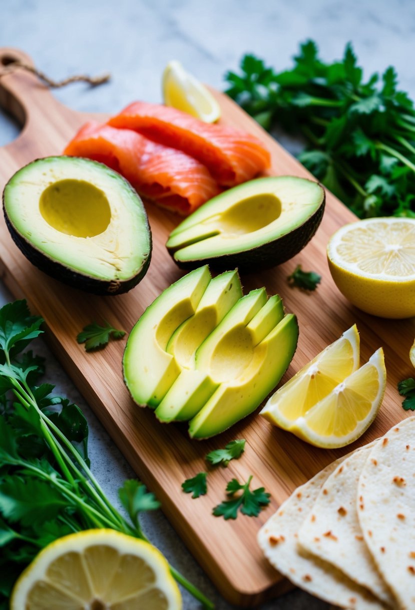 A wooden cutting board with sliced avocado, smoked salmon, and tortillas laid out, surrounded by fresh herbs and lemon wedges