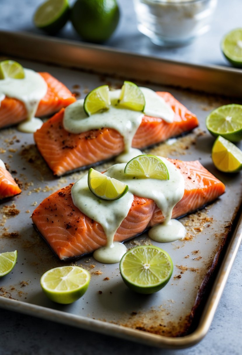 A whole salmon fillet topped with coconut lime sauce, baking in the oven on a sheet pan