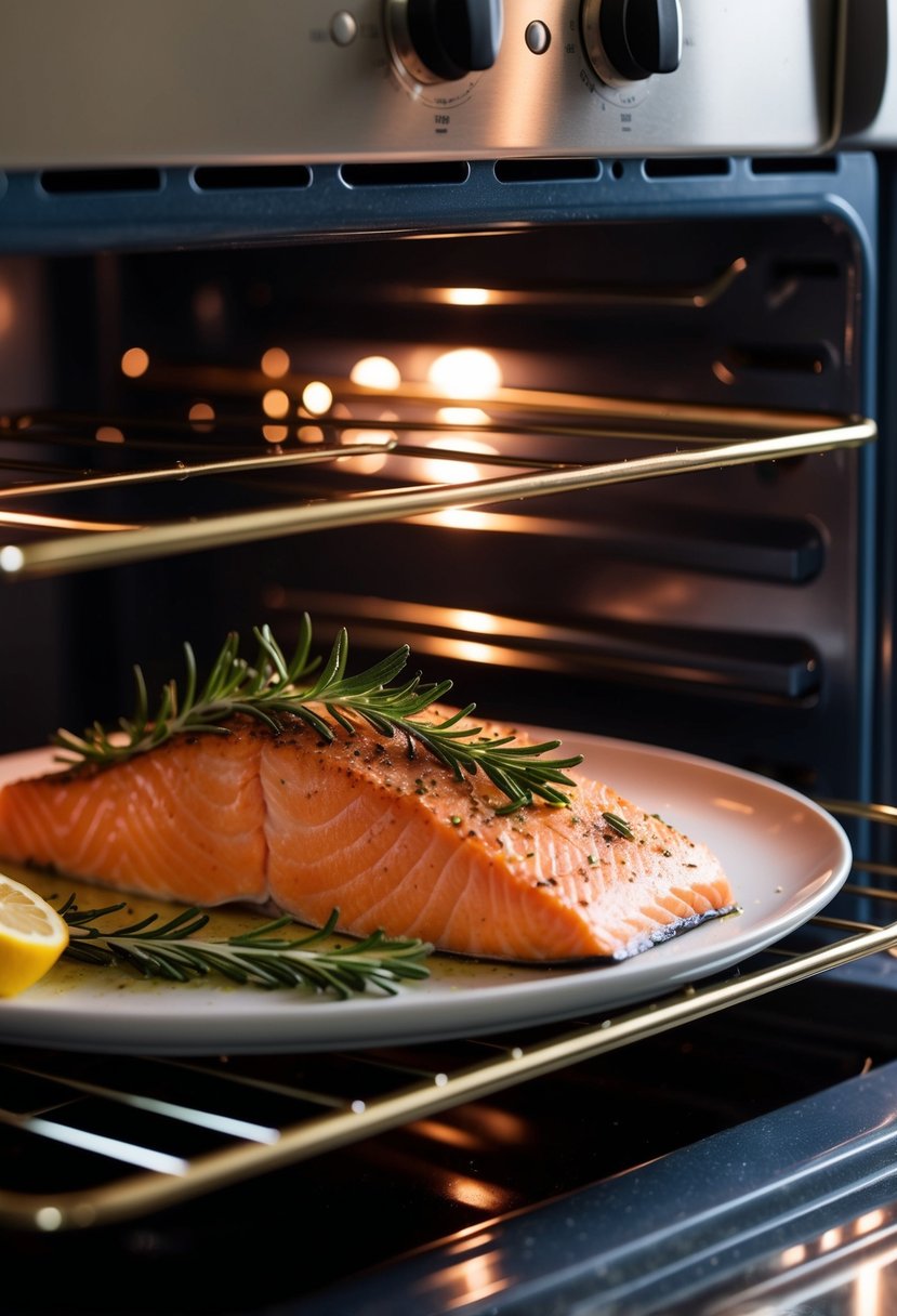 A salmon fillet is being baked in the oven with a rosemary and lemon garnish