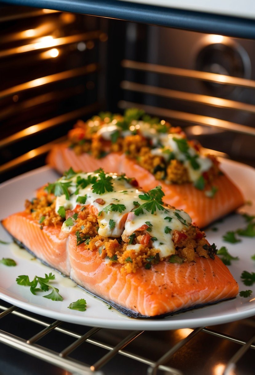 A plump salmon fillet, stuffed with Mediterranean flavors, baking in the oven