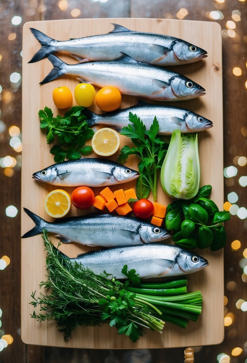 A colorful array of fresh fish, vibrant vegetables, and aromatic herbs arranged on a clean, wooden cutting board