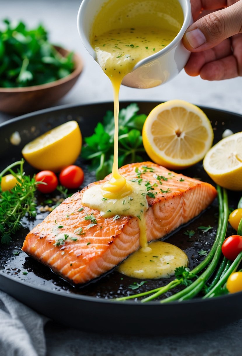 A sizzling salmon fillet is being drizzled with a vibrant lemon garlic butter sauce, surrounded by fresh herbs and colorful vegetables