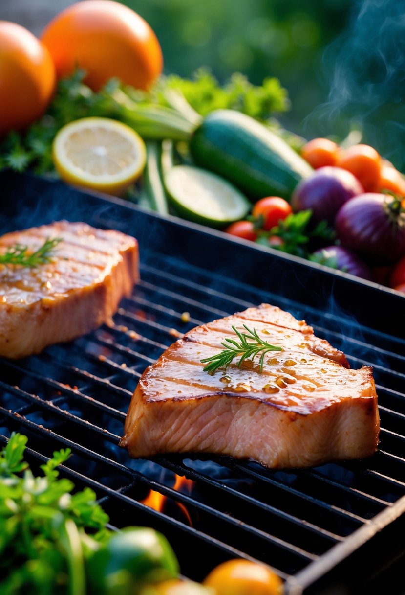 Two honey glazed tuna steaks sizzling on a hot grill, surrounded by vibrant vegetables and herbs