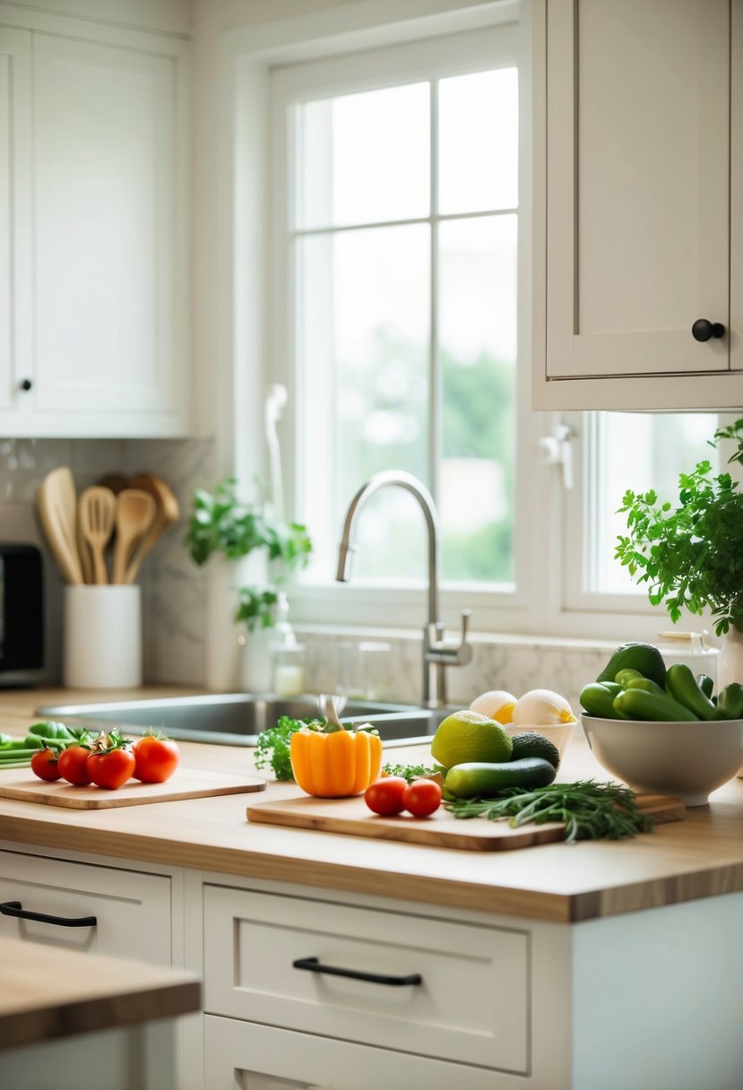 A neatly arranged kitchen counter with fresh ingredients and simple cooking utensils