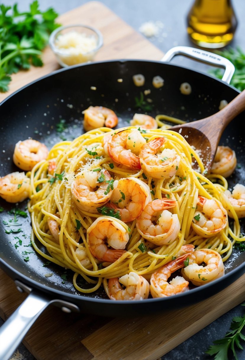 A sizzling pan of garlic butter shrimp pasta being tossed with fresh herbs and parmesan cheese