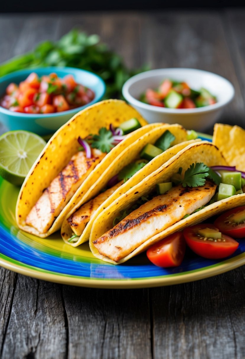 A colorful plate of grilled Mahi Mahi tacos with fresh vegetables and a side of salsa