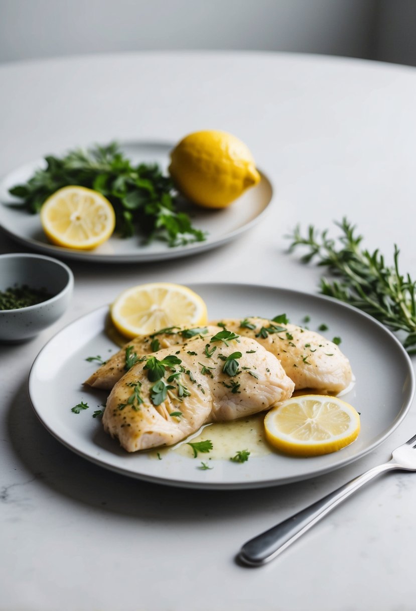 A plate of lemon herb chicken breasts with fresh herbs and lemon slices on a clean, minimalist table setting