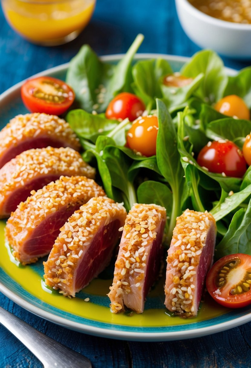 A colorful plate of sesame-crusted ahi tuna salad with fresh greens, cherry tomatoes, and a drizzle of tangy vinaigrette