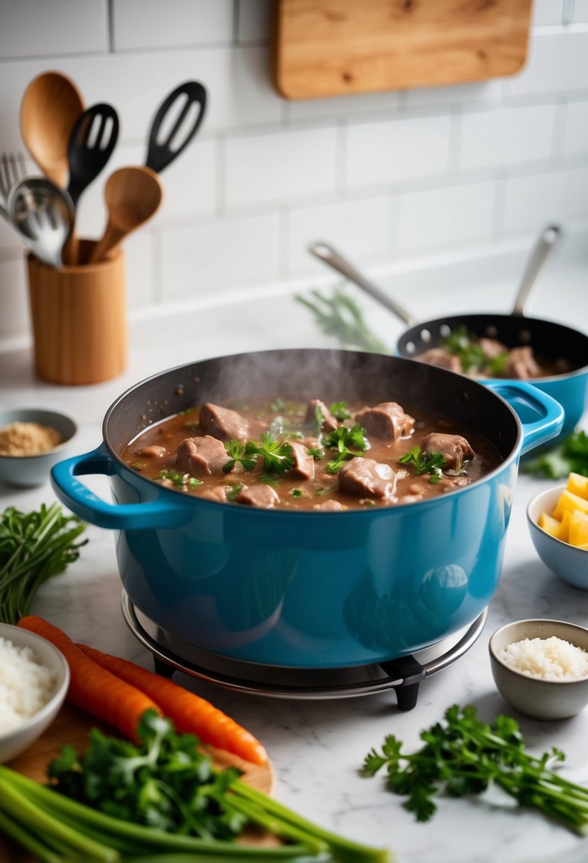 A simmering pot of beef stroganoff surrounded by fresh ingredients and cooking utensils on a clean kitchen counter