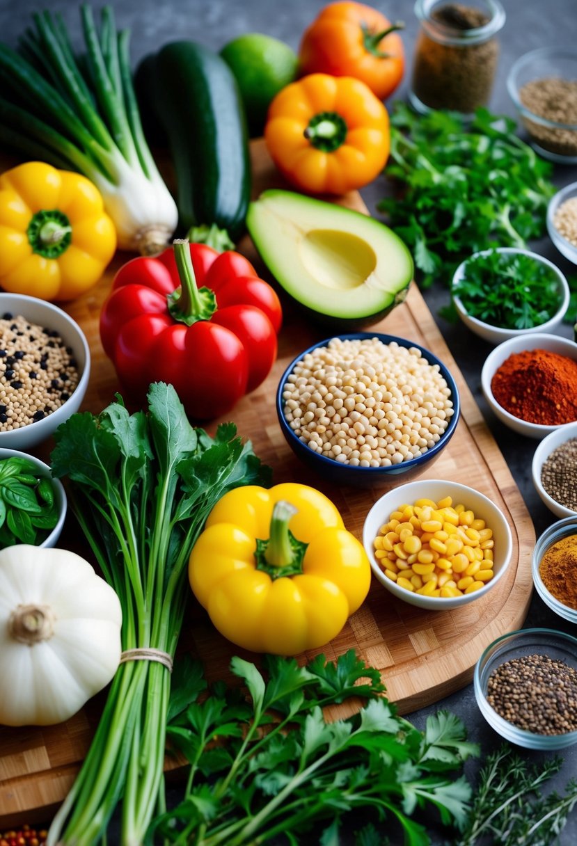 A colorful array of fresh vegetables, grains, and legumes arranged on a wooden cutting board, with a variety of herbs and spices nearby