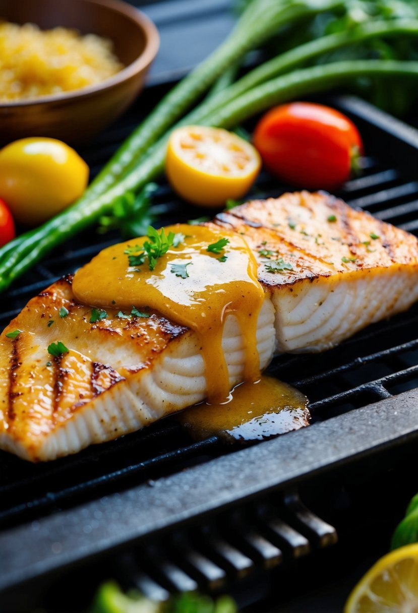 A swordfish fillet sizzling on a grill, glazed with a golden honey garlic sauce and surrounded by vibrant, fresh vegetables