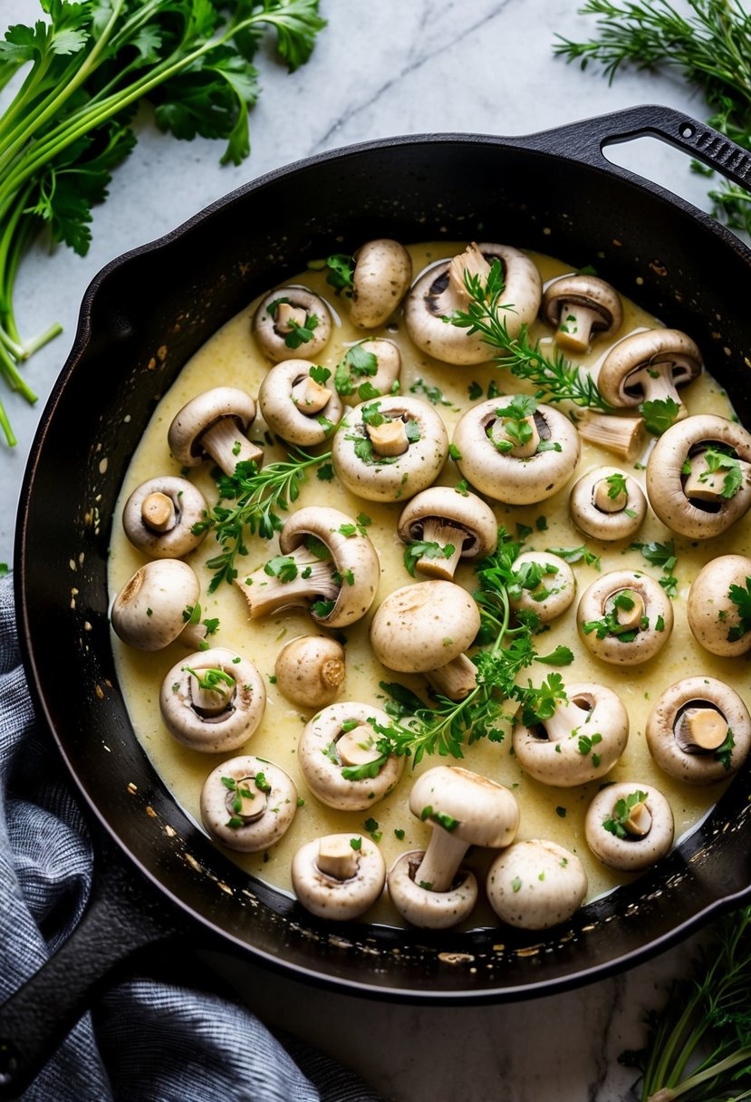 A skillet filled with creamy garlic mushrooms, surrounded by fresh herbs and vegetables