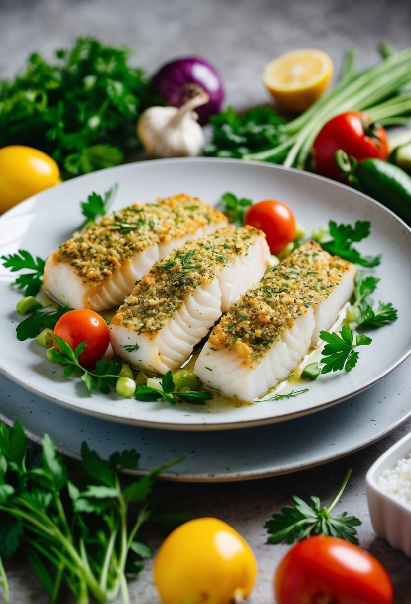 A plate of herb-crusted cod fillets surrounded by colorful vegetables and fresh herbs