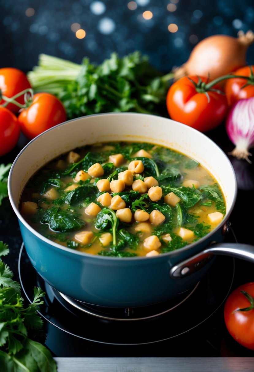 A bubbling pot of chickpea and spinach stew simmering on a stove, surrounded by fresh ingredients like tomatoes, onions, and herbs