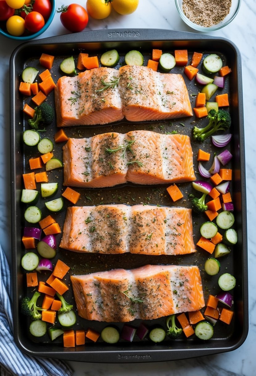 A sheet pan filled with seasoned salmon fillets surrounded by an assortment of colorful and freshly chopped vegetables ready for roasting in the oven