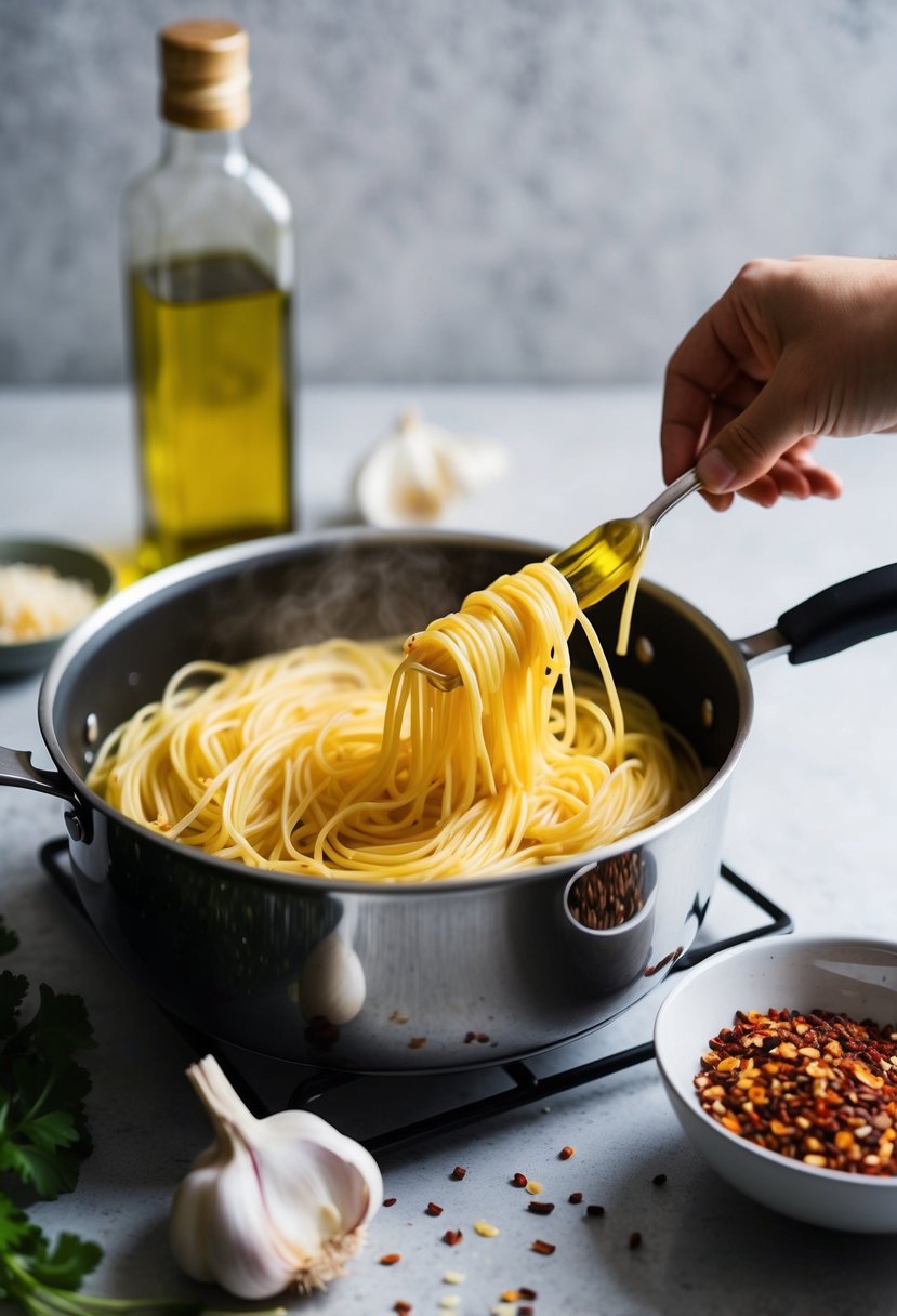 A simple kitchen scene with a pot of boiling spaghetti, a bottle of olive oil, fresh garlic cloves, and a sprinkle of red pepper flakes