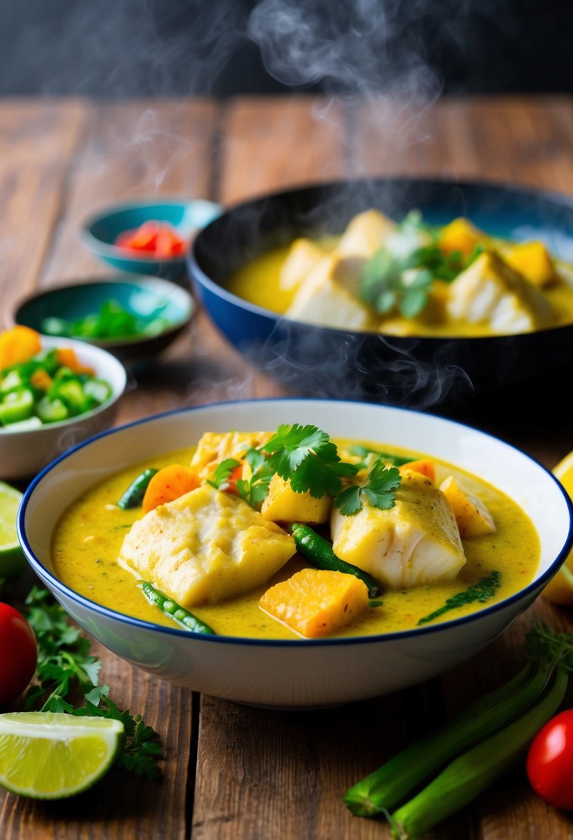 A steaming bowl of coconut curry halibut surrounded by vibrant, fresh ingredients on a wooden table