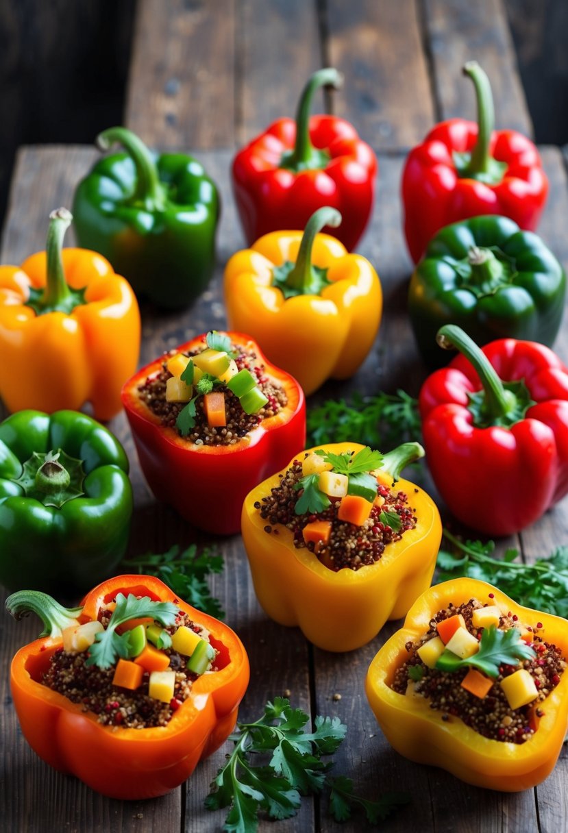 A colorful array of bell peppers, filled with quinoa and various vegetables, arranged on a rustic wooden table