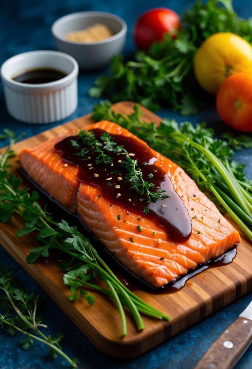 A vibrant salmon fillet glazed with maple dijon sauce, surrounded by fresh herbs and colorful vegetables on a wooden cutting board