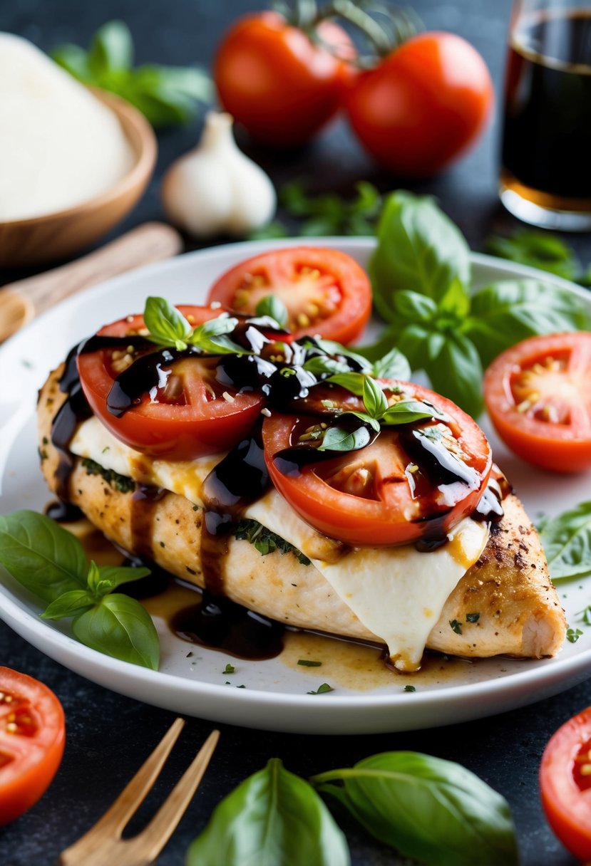 A chicken breast stuffed with tomatoes, mozzarella, and basil, topped with a balsamic glaze, surrounded by fresh ingredients