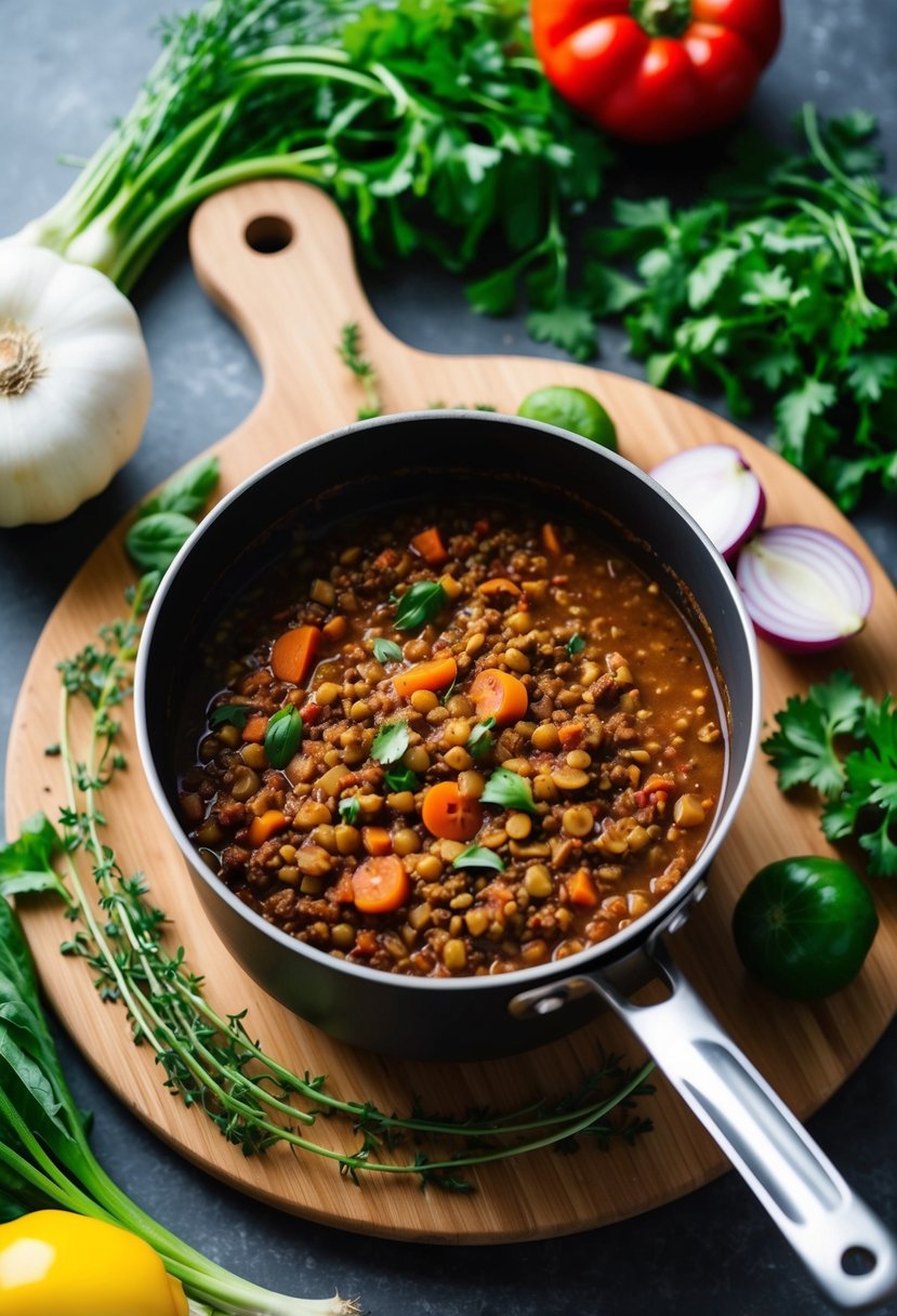 A pot simmering with lentil Bolognese sauce, surrounded by fresh vegetables and herbs on a wooden cutting board