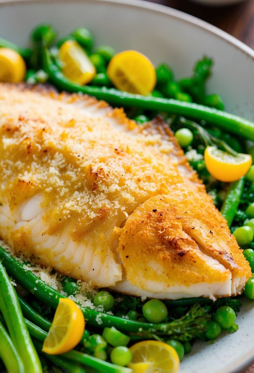 A golden-brown tilapia fillet coated in parmesan, resting on a bed of vibrant green vegetables