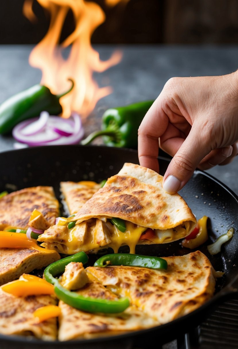 A sizzling skillet of chicken, peppers, and onions being folded into a warm, cheesy quesadilla