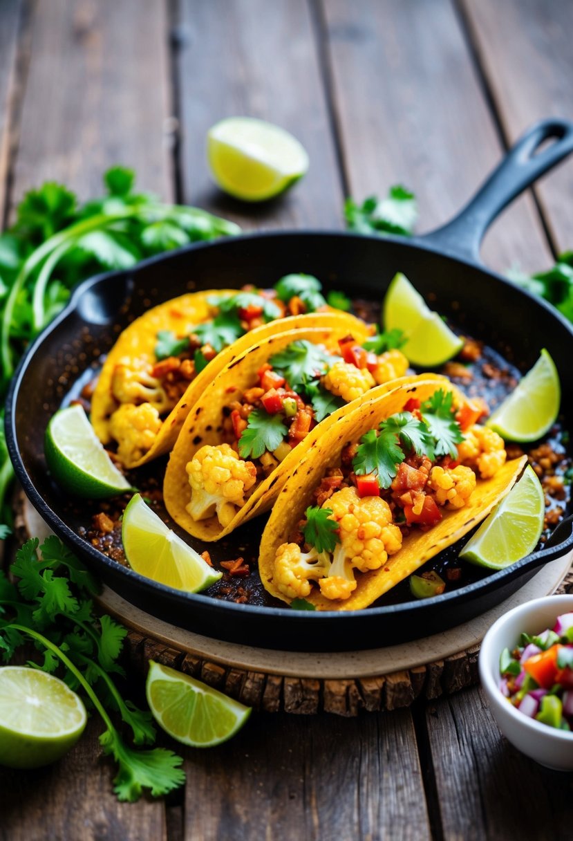 A sizzling skillet of spicy cauliflower tacos, surrounded by fresh cilantro, lime wedges, and vibrant salsa on a rustic wooden table