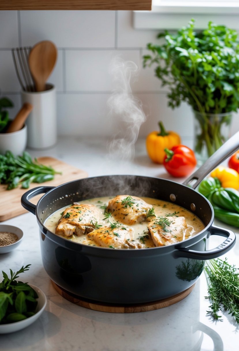 A pot simmering with creamy Tuscan chicken, surrounded by fresh herbs and vegetables on a clean kitchen counter