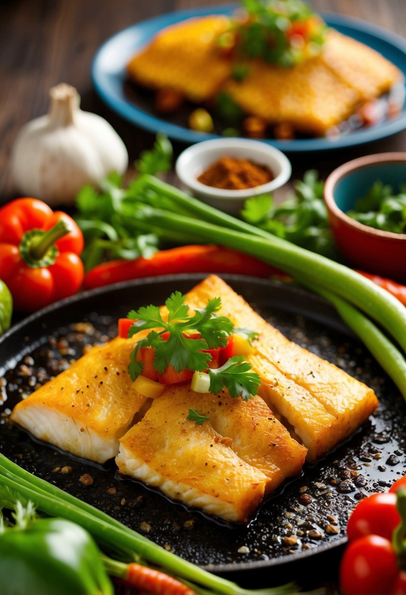 A sizzling Cajun catfish fillet surrounded by vibrant, fresh vegetables and aromatic spices