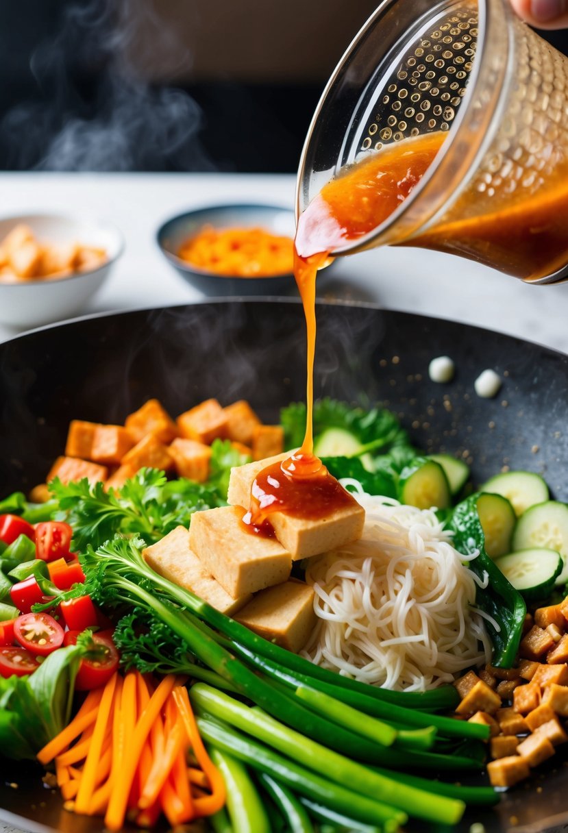 A colorful array of fresh vegetables, tofu, and rice noodles stir-frying in a wok, with a splash of tangy sauce being drizzled over the sizzling ingredients