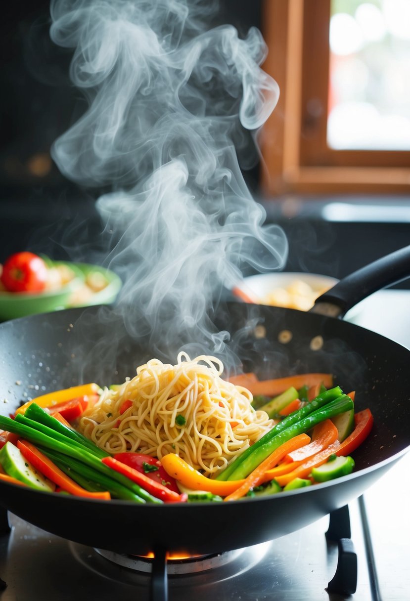 A wok sizzles with colorful vegetables and noodles, steam rising