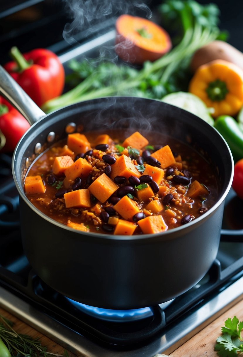 A steaming pot of sweet potato and black bean chili simmers on the stove, surrounded by colorful vegetables and aromatic spices